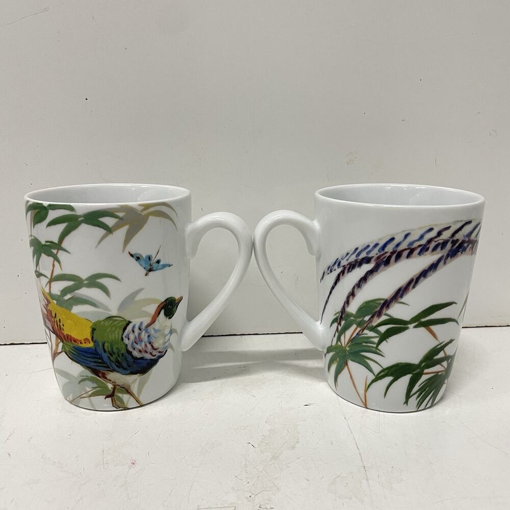 2x Williams Sonoma Pavao Tropical Peacock Bird Coffee Mug Set Of 2 Tea Cups